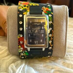 Ed Hardy Unisex Leather Cuff Skull Watch Love Kills Slowly Watch VTG Retired